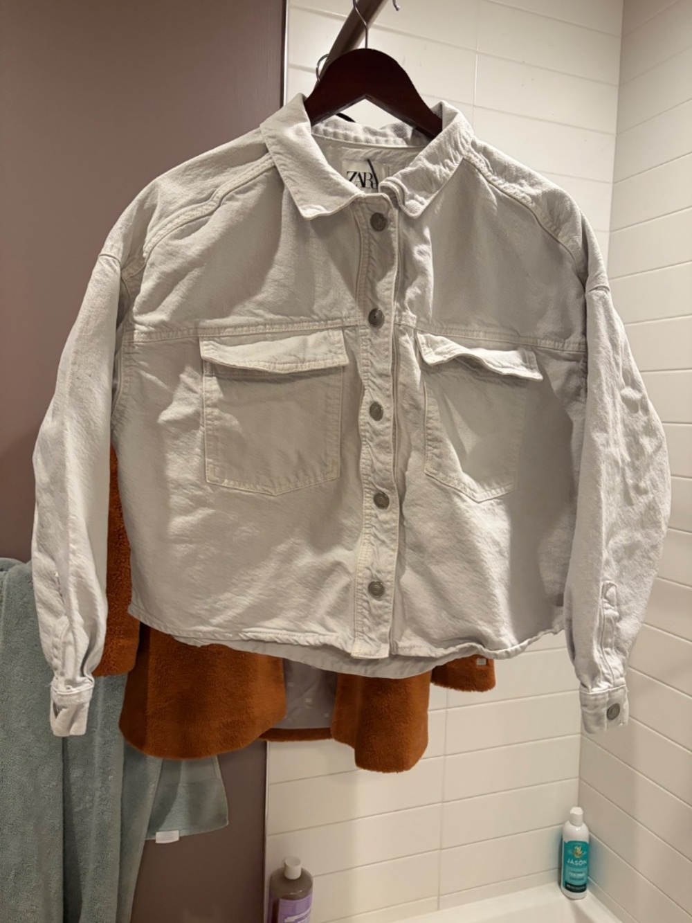Zara Cream Cropped Denim Utility Jacket / Shacket XS